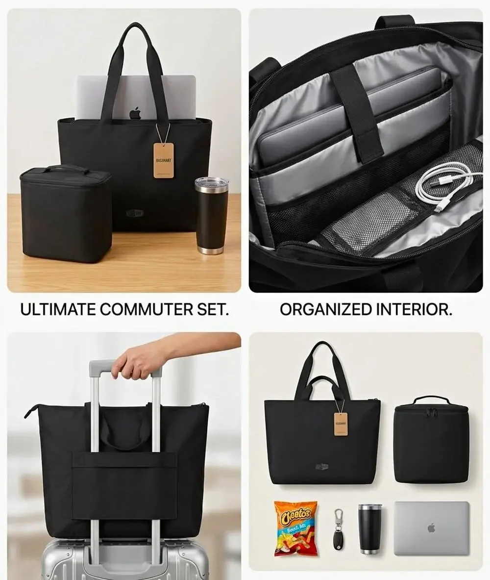 NWT BAGSMART Black Laptop Work Tote & Matching Lunch Bag Commuter Set